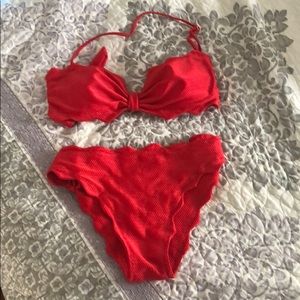 Red scalloped mid rise bikini